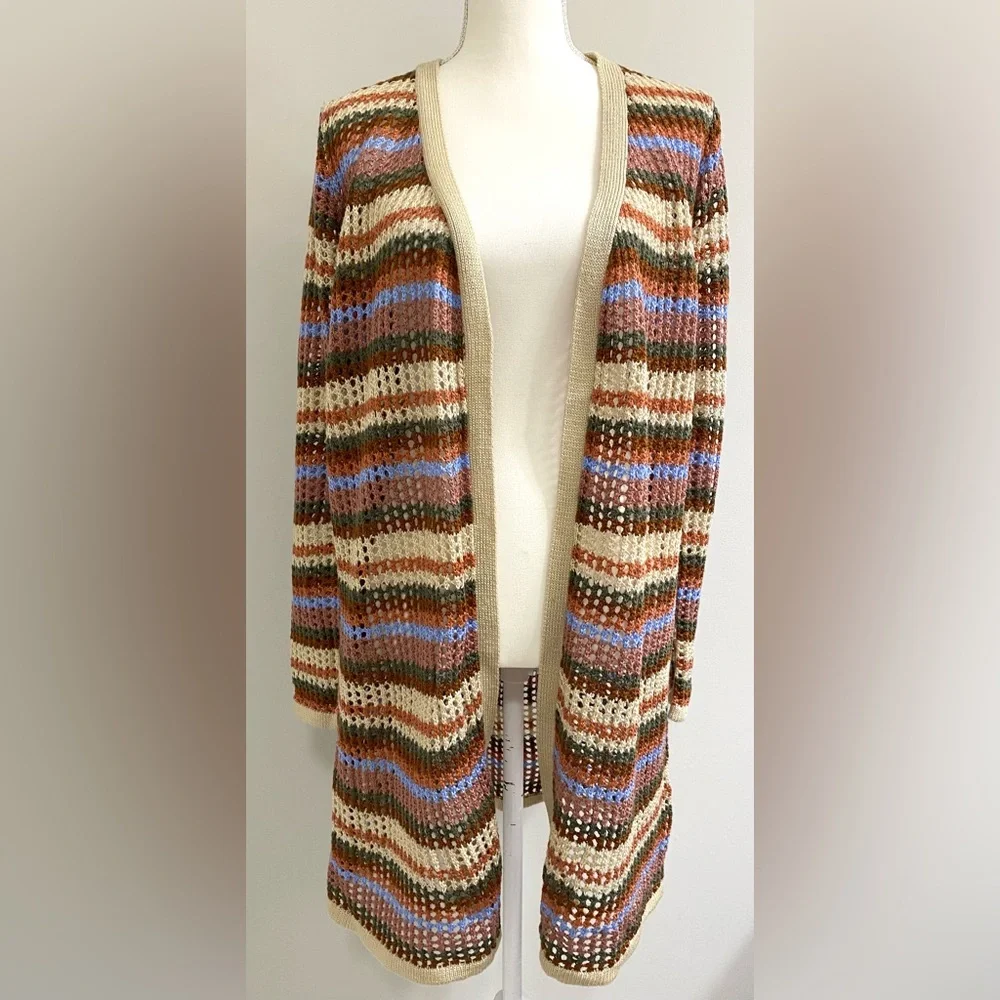 Rue 21 Womens L Brown Tan Stripe Crochet Long Cardigan Sweater Boho Eclectic Y2K - Picture 2 of 10